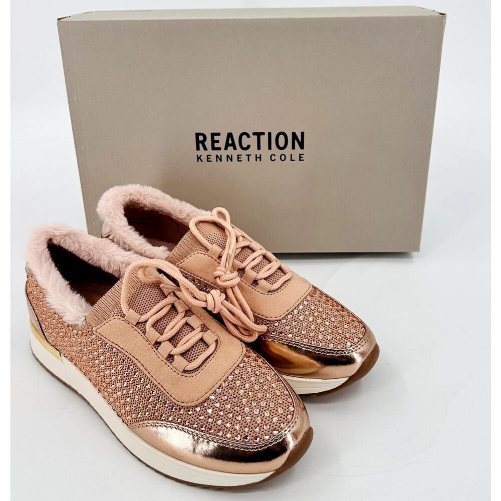 Kenneth Cole REACTION Cari Faux Fur Jeweled Fashion Sneakers Shell Pink Size 6.5
